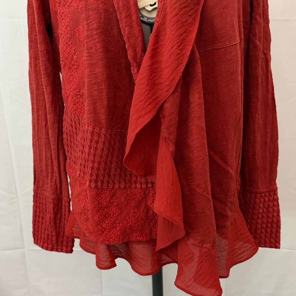 Meadow Rue Rust/Red Light Weight Open Front Patchwork Cardigan - Picture 2 of 10